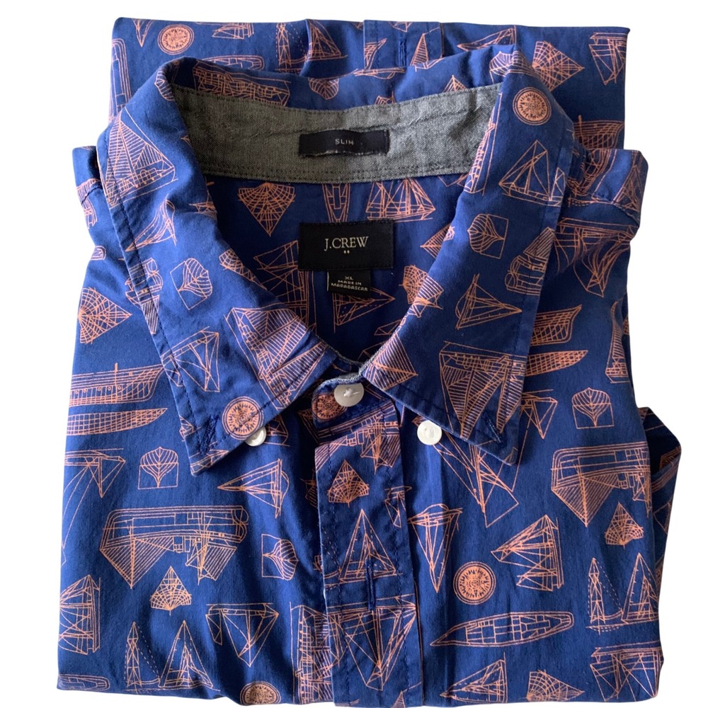 J. Crew Slim Fit Short Sleeve Button Down Shirt XL Sailboat Print‎ Navy Orange